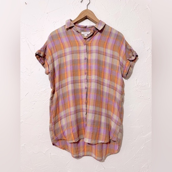 NWT Beachlunchlounge Spencer Pastel Button Front Plaid Cotton Top Sz Small - Picture 1 of 5
